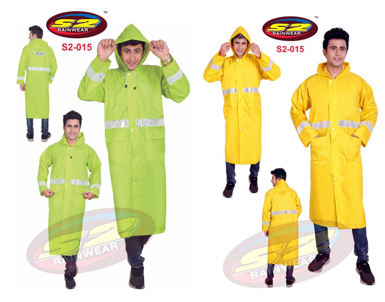 PU Long Rain Coat Florescent with Taping Reflective Tape